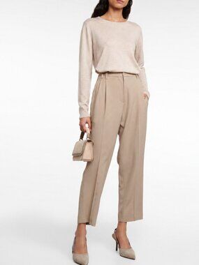 Brunello Cucinelli Beige Pants Monili Trim Belt Loop Virgin Wool Size 8
